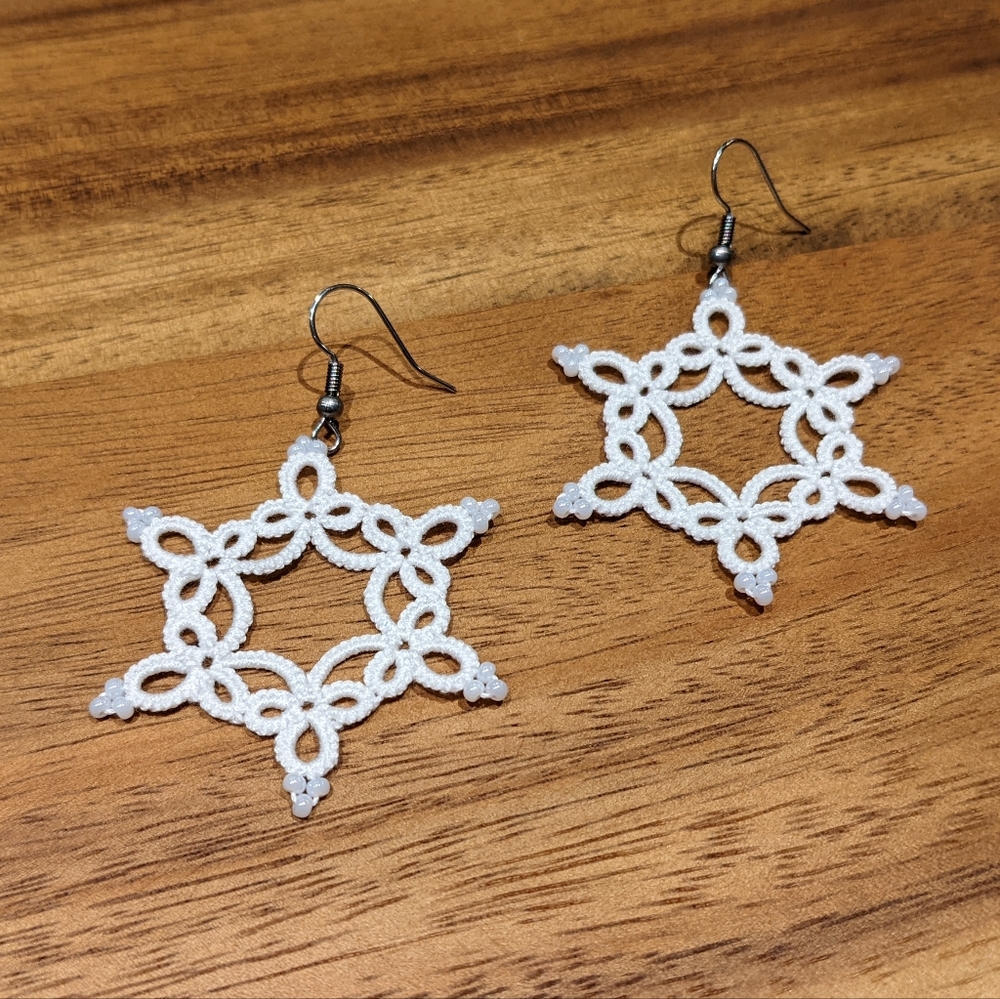 NEW Artisan Handmade Tatted Lace Snowflake Earrings with Czech beads Handcrafted